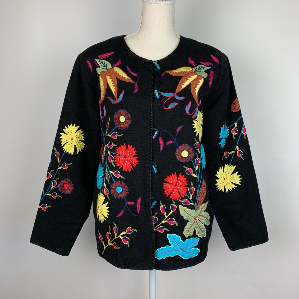 Alex Kim Blazer M Black Multi Floral Appliqué